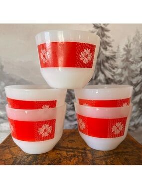 MCM Red Gingham Pudding Set by Federal Glass Co, Milk Glass